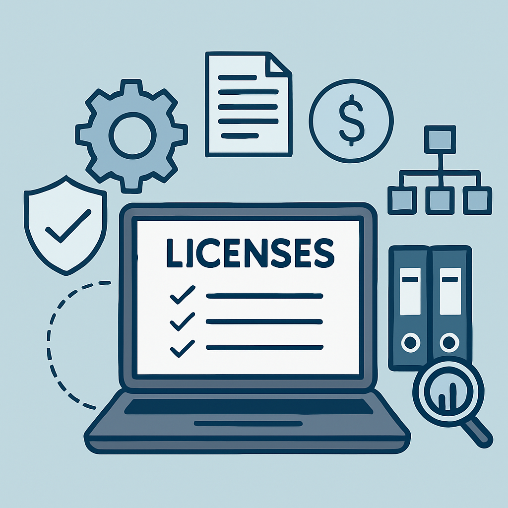Ordinateur avec checklist de licences et icônes de conformité.