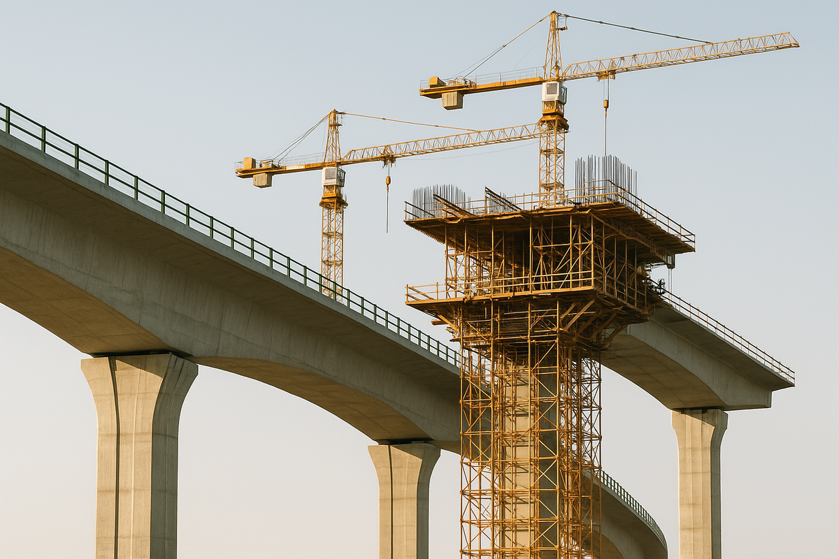 Bridge under construction with cranes and scaffolding, illustrating phased delivery and alignment in complex ERP projects.