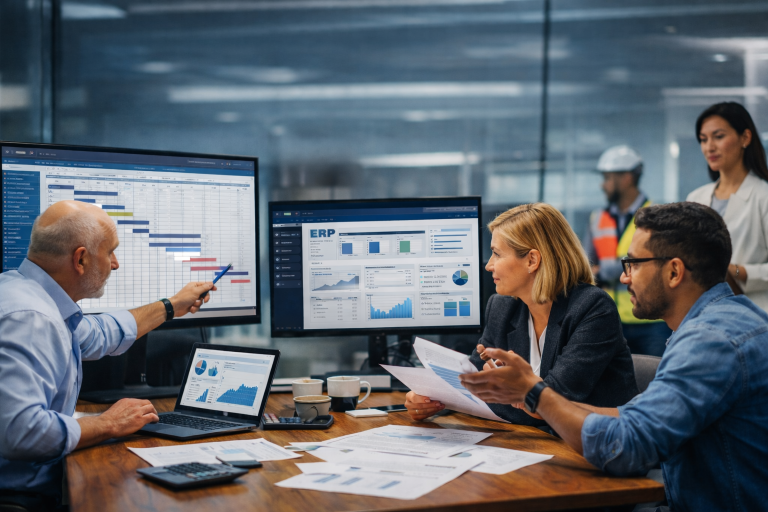 Équipe projet ERP collaborant autour de données financières et tableaux de bord lors d’un atelier de transformation