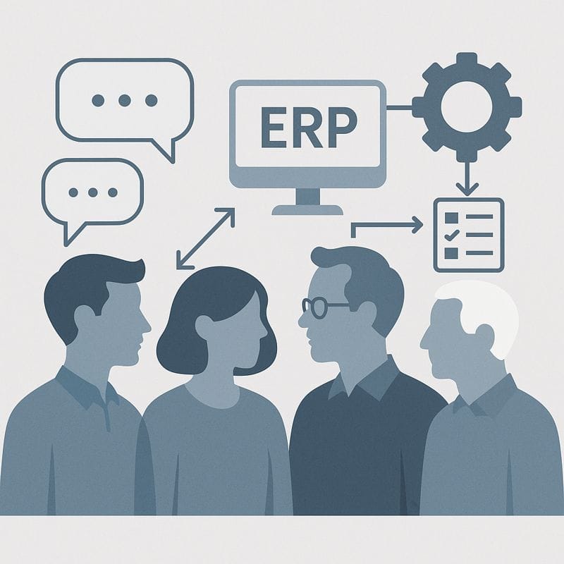 A clean, modern flat-lay illustration representing multigenerational collaboration in an ERP project