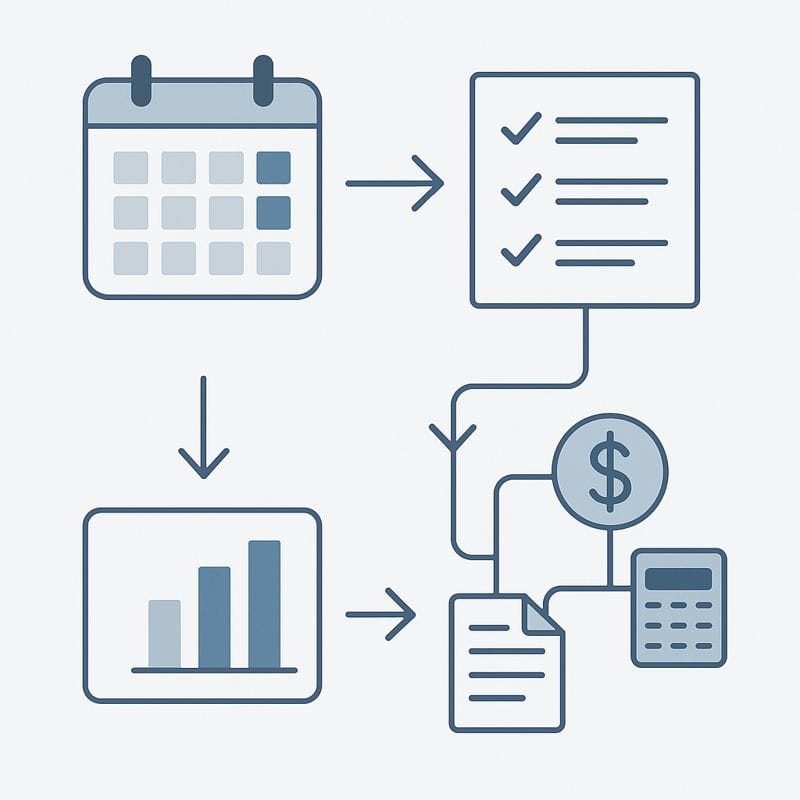 Illustration minimaliste d’un processus de clôture financière avec calendrier, listes de vérification, flèches et icônes financières en tons bleu-gris.