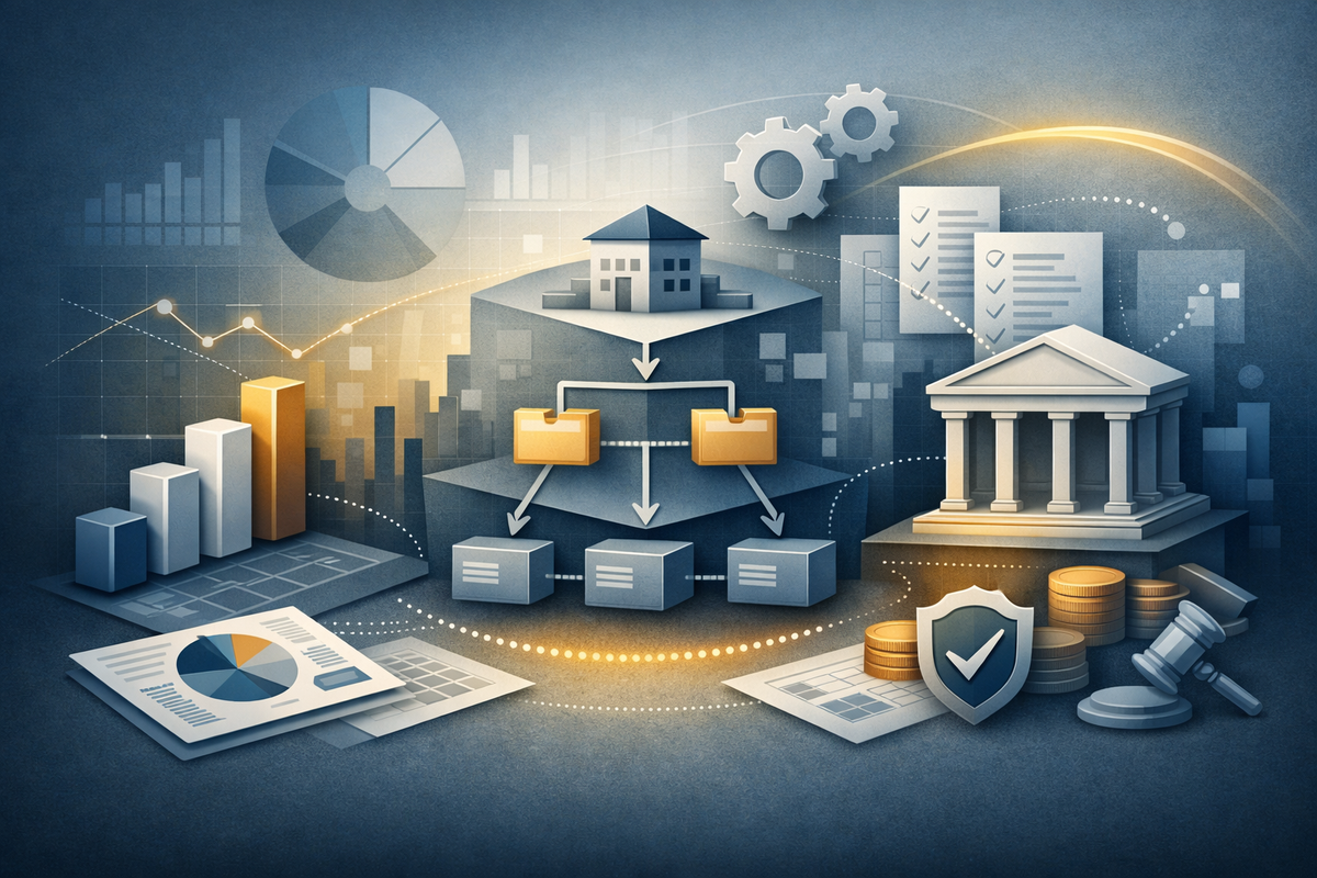 Illustration conceptuelle de la comptabilité de projet, du contrôle financier et de la gouvernance dans un ERP (Dynamics 365 Finance)