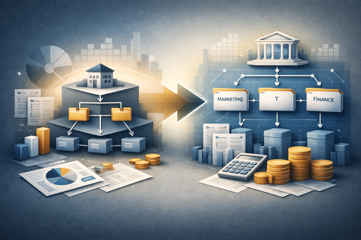 Illustration abstraite représentant la gouvernance de la comptabilité de projet, le contrôle financier par cycle de vie et la discipline de capitalisation dans Dynamics 365 Finance
