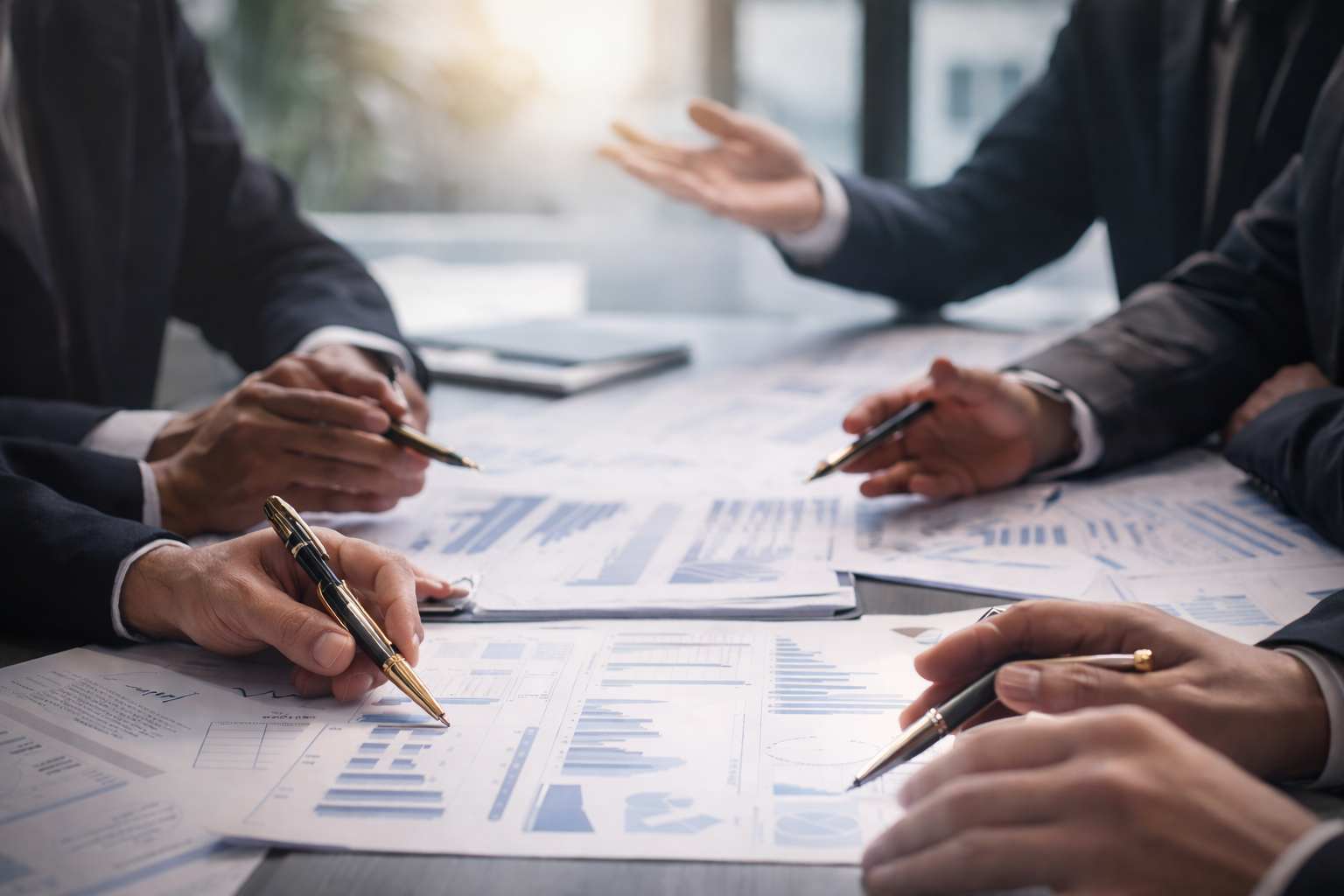 Gros plan de dirigeants analysant des rapports financiers et des graphiques lors d’un comité de pilotage ERP.