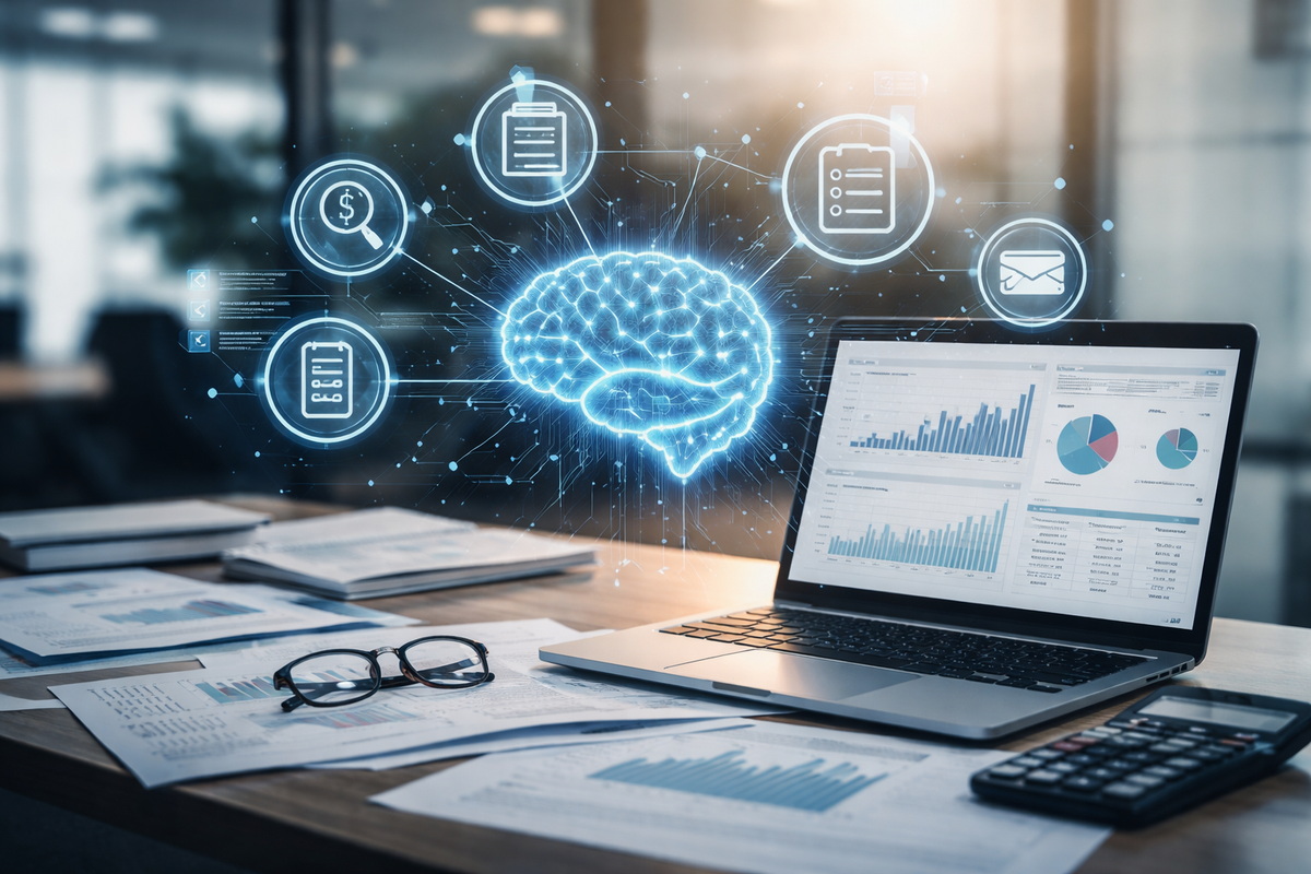 Modern office desk with laptop displaying financial dashboards and a glowing digital brain interface, symbolizing AI-powered analysis and data-driven decision support in ERP finance.