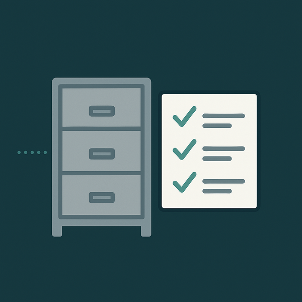 Flat-style illustration showing a filing cabinet next to a checklist, symbolizing fixed-asset posting profiles and accounting mappings in D365 Finance.