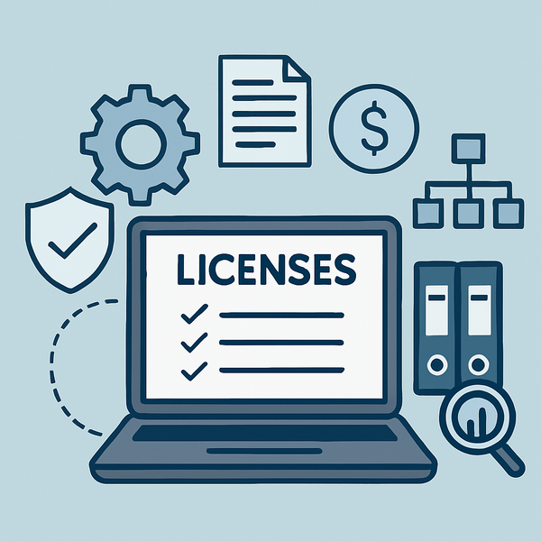 Laptop with licenses checklist and compliance icons.