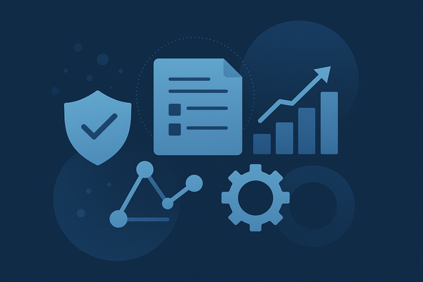 Abstract blue illustration representing audit controls, security governance, and financial compliance in D365 Finance