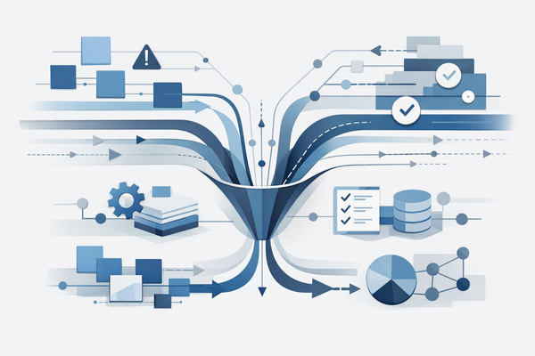 Illustration abstraite représentant la complexité d’un projet ERP, avec des blocs interconnectés symbolisant la gouvernance, les décisions et la structure d’un projet Dynamics 365 Finance.