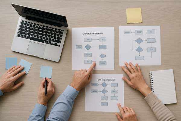 Une image en flat-lay moderne et épurée montrant une équipe projet planifiant une implantation ERP : mains pointant un flux de travail.
