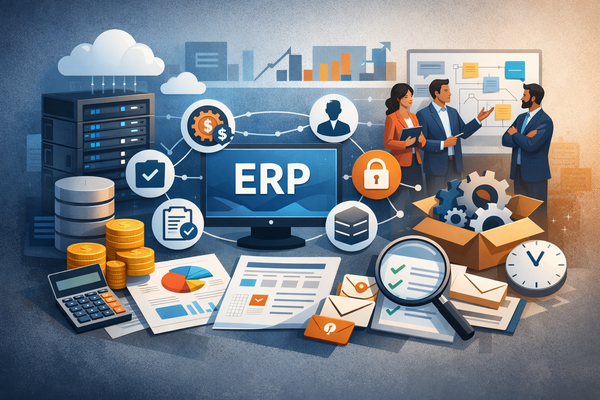 Illustration abstraite représentant les coûts opérationnels et la gouvernance d’un ERP après le go-live