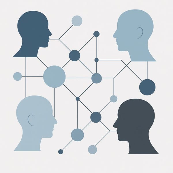 Illustration abstraite de profils humains connectés par un réseau de points.