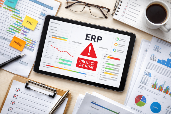 Une représentation subtile d’un projet ERP qui semble maîtrisé en apparence, alors que des risques invisibles s’accumulent en arrière-plan.