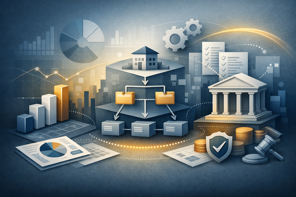 Illustration conceptuelle de la comptabilité de projet, du contrôle financier et de la gouvernance dans un ERP (Dynamics 365 Finance)