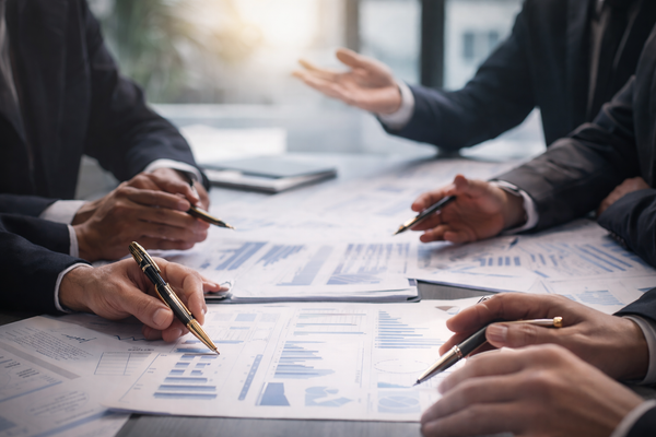 Close-up of business leaders reviewing financial reports and charts during an ERP steering committee meeting.