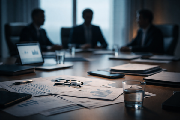 Salle de réunion exécutive faiblement éclairée avec dirigeants en discussion et documents financiers sur la table, symbolisant la prise de décision en comité de pilotage ERP.
